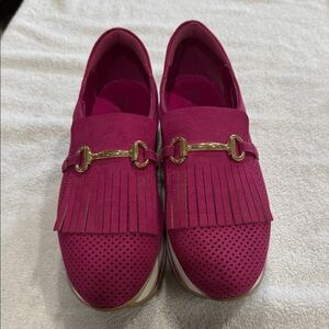 crown & ivy Fuchsia Fringe Loafers with Gold Bit